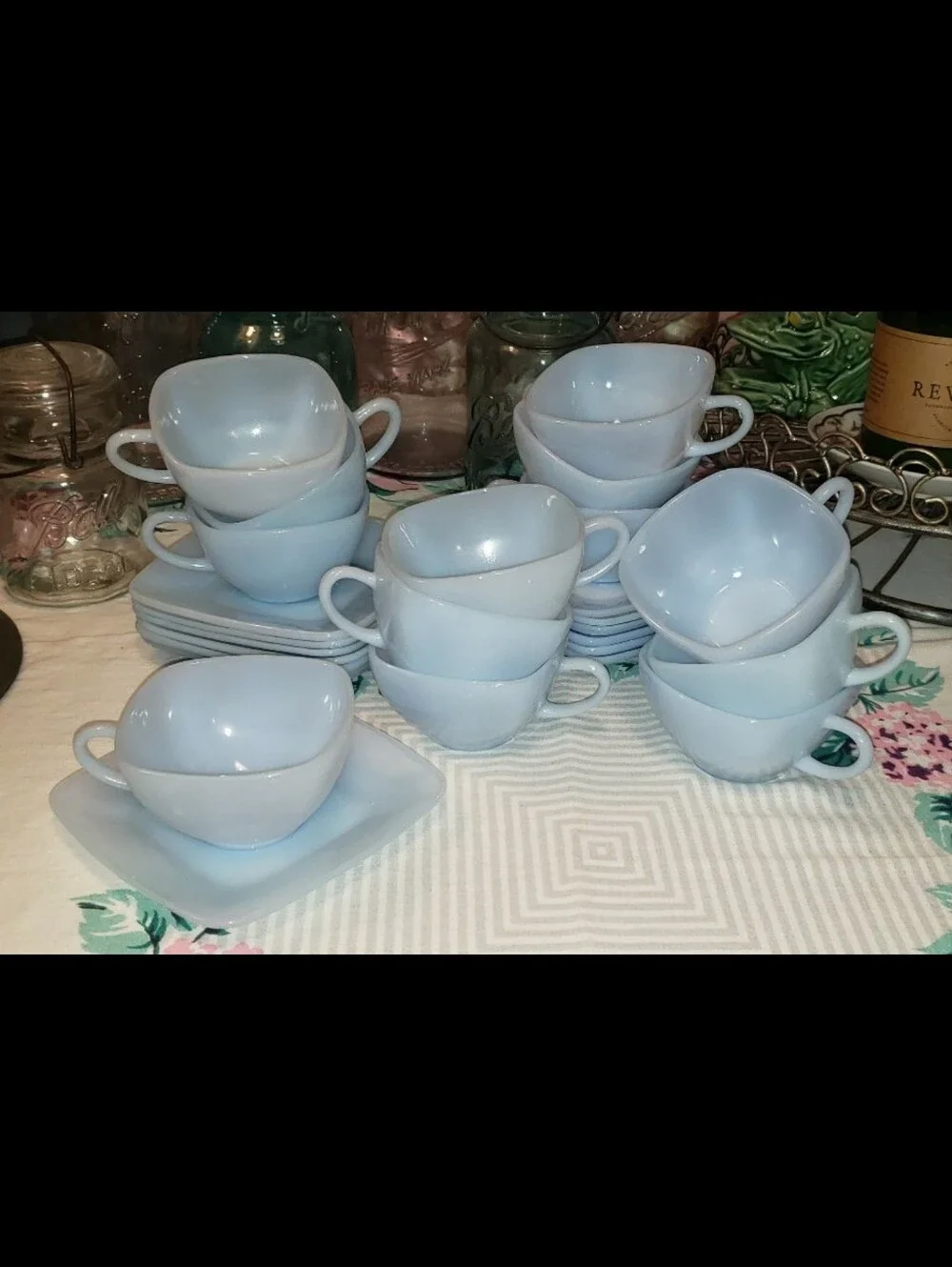 Vintage Mid-Century Azurite Delphite Blue Milk Glass Tea Cup & Saucer Set